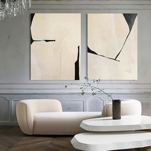 Ensemble de 2 tableaux abstraits 3D beiges, peinture à l'huile texturée, art abstrait sur toile, art mural Wabi-Sabi pour la décoration intérieure - Product Image 1