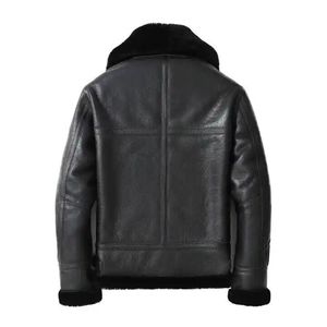 Veste en cuir véritable pour homme, col en fourrure, doublure en fausse fourrure, fermeture éclair, style motard, aviateur, manteau d'hiver - Product Image 2