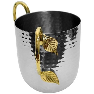 Recién llegado, taza elegante de Metal pulido brillante plateado con textura martillada para beber café y té con asas de hojas chapadas en oro - Product Image 1