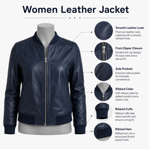 Premium <b>Women</b> <b>Navy</b> Blue Genuine Leather Bomber <b>Jacket</b> Ribbed Collar Cuffs Slim Fit Front Zip Casual Urban Fashion Private Label - Product Image 6
