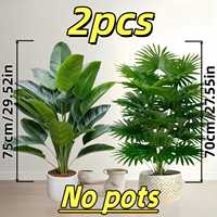 Ensemble de 2 plantes artificielles tropicales, feuilles de bananier et palmier éventail, grandes plantes d'intérieur, sans pot, décoration intérieure et extérieure