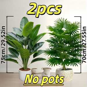 Ensemble de 2 plantes artificielles tropicales, feuilles de bananier et palmier éventail, grandes plantes d'intérieur, sans pot, décoration intérieure et extérieure - Product Image 1