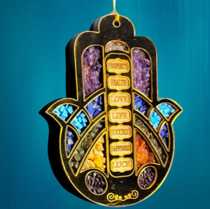 Mezcla de piedras preciosas naturales de primera calidad, siete bendiciones, cristales curativos a mano de Hamsa, colgante de pared para coche, 7 chips de cristal de chakra - Product Image 4