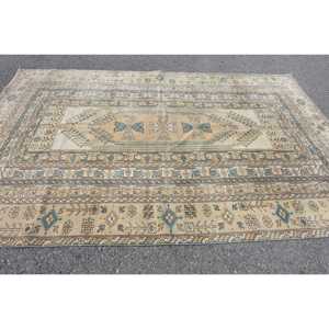 Vintage Large Rug 6.6x9.9 ft, <b>Brown</b> Abstract Turkish <b>Wool</b> Rug - Product Image 3