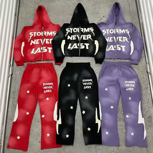 Ensemble 2 pièces de jogging en tissu éponge d'hiver de qualité supérieure, respirant, avec logo brodé personnalisé et patchwork, et sweats à capuche effet vieilli - Product Image 1