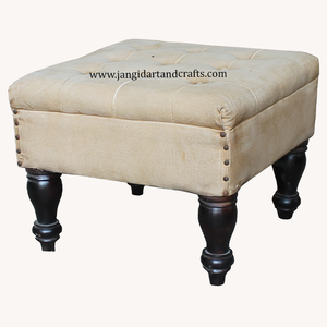Pouf ottoman carré en bois, cuir et toile, design rustique, aspect antique, artisanat Jangid, meubles faits à la main - Product Image 4