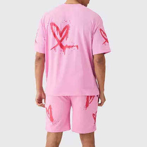 100% algodón para hombre, nuevo diseño, camiseta y pantalones cortos, estampado de soplo, Logo, conjunto doble para hombre, Color rosa, suave al tacto, absorbe la humedad - Product Image 3
