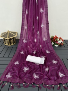 Sari de chifón musgo de estilo Premium exclusivo de diseñador boutique indio, trabajo pesado con blusa, Sari elegante para bodas, última tendencia - Product Image 3