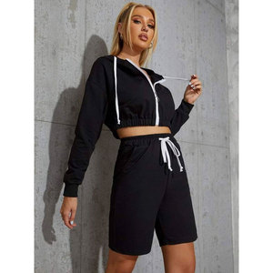 Ensemble de survêtement décontracté deux pièces pour femme avec sweat à capuche court uni et short, fermeture éclair - Product Image 3