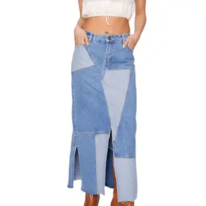 Nieuwkomer Dames Hoogwaardige Nauwsluitende, Rechte Lange Denim Rokken Voor Dames, All-Match Denim Patchwork Maxi Rok Met Split Aan De Voorkant