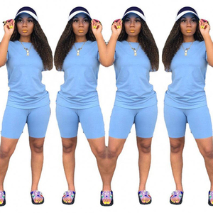 ชุดเซ็ต 2 ชิ้น เสื้อครอปท็อปและกางเกงขาสั้นสีพื้นสำหรับผู้หญิงช่วงฤดูร้อน |   ชุดนอนคู่ผ้าสแปนเด็กซ์/คอตตอนคุณภาพสูง ขายส่ง - Product Image 3