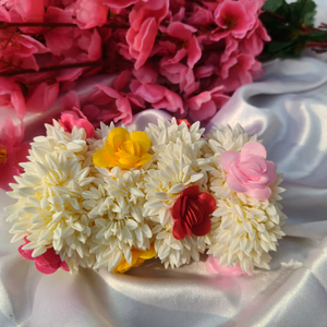 Artificial Jasmine & Satin Rose Gajra Bridal <b>Hair</b> Accessory, Haldi/Mehndi Floral Hairband, Mogra <b>Scrunchie</b>, Wristlet Bracelet - Product Image 4