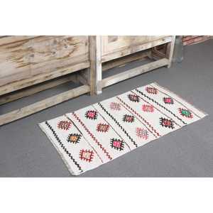 Tapis Kilim turc vintage 1,7x3,37 pi (52x103 cm), tapis oriental en laine blanche - Product Image 1