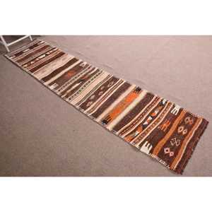 Turkish <b>Runner</b> <b>Rug</b> 2.4x10.4 ft (74x318 cm), Kilim Brown Ikat Vintage <b>Rug</b> - Product Image 3