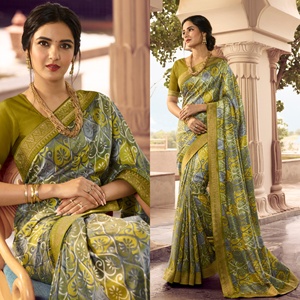 Women's Georgette Soft Silk Saree With Unsticthed Blouse Piece Printed Saree with Big Thick Border