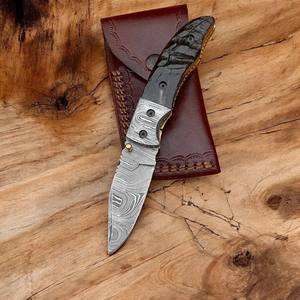 Custom Nordic Forge Industrial Grade Damascus Steel Folding Blade <b>Knife</b> Ram Handle Leather Sheath Handmade <b>Pocket</b> <b>EDC</b> Hunting - Product Image 2