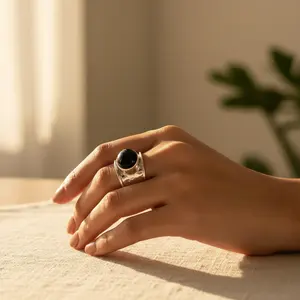 Bague en argent 925 bohème en onyx pour femmes, bijoux fantaisie faits à la main avec incrustation de pierre naturelle, plaqué rhodium, cadeau pour hommes - Product Image 1