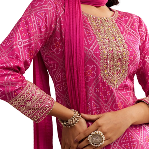Pink Bandhani Zardosi Sharara Set para venta al por mayor bodas indias nupcial festivo Sangeet ocasiones y celebración cultural OEM - Product Image 5