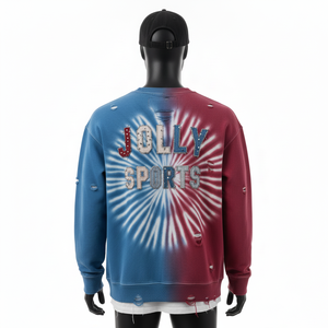 Premium Acid Wash <b>Sweatshirt</b> Soft Cotton Fleece Tie Dye Blue <b>Red</b> Distressed Style Embroidery Custom Logo Basic <b>Sweatshirt</b> - Product Image 2