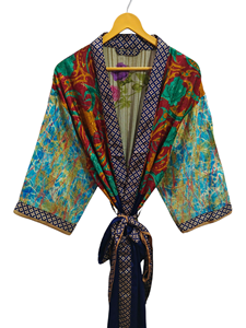 ชุดกิโมโนผ้าไหมส่าหรีลายดอกไม้แนววินเทจชุดคลุมส่าหรีชุดปาร์ตี้ชายหาดผ้านุ่มทำมือสไตล์อินเดีย - Product Image 2