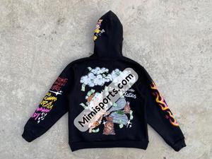 Tendance Hoodies Hommes Noir avec Rose et Vert Jaune Pinceau Points Imprimé Ourlet Brut Bord Coupe Bas Big Distressed Acide Lavé - Product Image 4