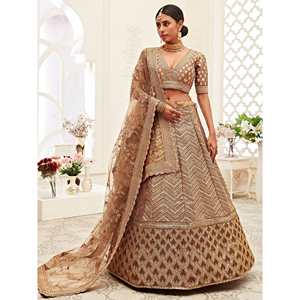 Magnifique Lehenga Choli en soie slub brodée marron pour demoiselles d'honneur ou mariages - Product Image 3