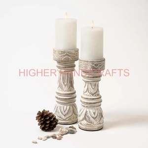 Premium Quality <b>Medium</b> White Washed Wooden Candle Stand Engraved Christmas Candle Holders - Product Image 2