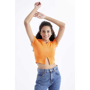 Tommylife - Camiseta Corta Básica con Cuello en V y Abertura Frontal para Mujer, Color Verde Pistacho - 97206 - NARANJA - Product Image 1