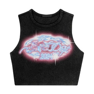 Débardeur court en coton 220 GSM pour femme, noir délavé, impression néon DTF, logo personnalisé, streetwear, été, respirant - Product Image 1