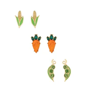 3 PCS Fun Rhinestone Corn Carrot Pea Pods Kitschy Epoxy Resin Stud Earrings Trendy Cute Food Stud Earrings Set for Women Girls