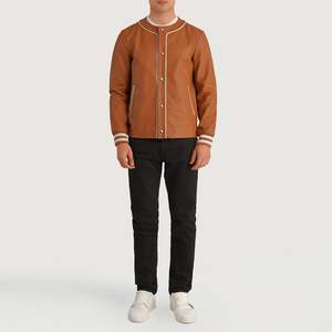 Blouson universitaire en cuir de mouton marron beige style vintage Willis, brodé, décontracté, style universitaire urbain, tailles XS-XL pour l'automne - Product Image 3