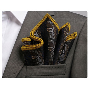 Handmade Brown Silver Paisley Knitted <b>Edge</b> Signature Border Handkerchief Dining Pocket <b>Square</b> for Blazers Suit - Product Image 1
