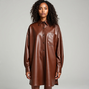 เสื้อเชิ้ตหนังแกะทรงหลวมมีกระเป๋าหน้าสำหรับผู้หญิง, เสื้อ100% หนังแท้ทรงหลวมแนววินเทจมีกระเป๋าด้านหน้า - Product Image 5