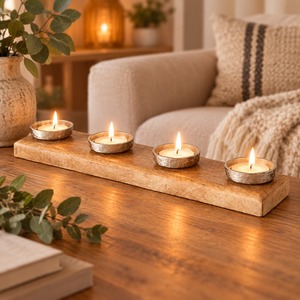 Porte-bougie en bois, plateau pour bougies chauffe-plat, coupelles en métal, lot de 4, centre de table, décoration intérieure, table à manger, rustique/moderne. - Product Image 2