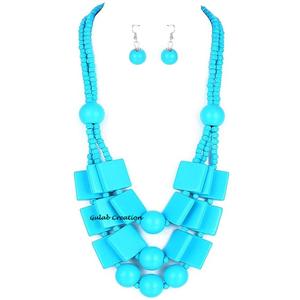 ZAM ZAM IMPEX - Juego de Collar y Pendientes de Cuentas de Madera Turquesa Rectangulares de 3 Capas, Precio Razonable, para Mujer, Estilo Cristiano - Product Image 1