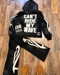 Conjunto de 2 Piezas de Alta Calidad para Hombre, 100% Algodón, 500gsm, Felpa, Bordado Desgastado, Sudadera con Capucha y Pantalones Planos Personalizados - Product Image 2