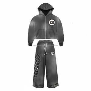 Chándal Premium 340 GSM de algodón y poliéster con cremallera, color gris oscuro desteñido con logotipo de diamantes de imitación bordado, diseño personalizado - Product Image 1