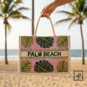 Sacs fourre-tout à thème d'été perlé motifs de plage de feuille de palmier nom personnalisé fermeture ouverte sacs fourre-tout en toile femme moyenne/grande capacité - Product Image 1