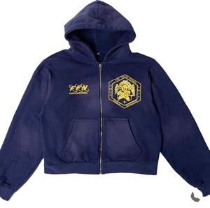 Sweat-shirt à capuche personnalisé 100% coton pour hommes, lavage à l'acide délavé au soleil avec patch de broderie vintage en détresse, fermeture éclair pour l'hiver - Product Image 4