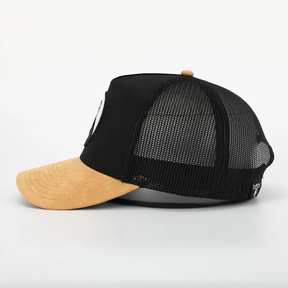 Benutzer definierte Herren 5 Panel Plain Curved Wildleder Krempe Stickerei Logo Mesh Snap Back Gorras Baumwolle Twill Trucker Hut Kappen