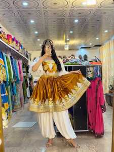 ชุดเดรส Afghani สไตล์วินเทจแบบดั้งเดิมของผู้หญิงชุดเดรสสีฟ้าลูกไม้กระดุมเอวธรรมชาติมีซิปสามารถซักได้ยาวถึงเข่า - Product Image 4