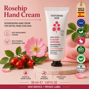 Crema de Manos de Rosa Mosqueta de Marca Privada 50ml OEM |   Crema de Manos Reparadora Hidratante Antienvejecimiento |   Absorción Rápida España UE - Product Image 1