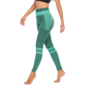 Leggings de yoga taille haute pour femmes, longueur intégrale, avec empiècements en maille verte, design côtelé, extensibles dans les quatre sens, sans coutures, vente en gros - Product Image 5