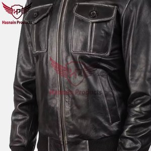 Blouson Bomber Homme en Cuir Véritable Noir, Col Chemise, Poches à Rabat sur la Poitrine, Manteau en Peau de Mouton Vieilli, Veste Extérieure Personnalisée Style Trucker Vintage - Product Image 5