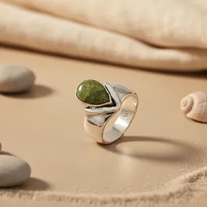 925 <b>Silver</b> Cluster <b>Ring</b> with Green Gemstone Women's <b>Statement</b> Geometric Fine Jewelry Rhodium Plated Platinum Cut Stone - Product Image 1