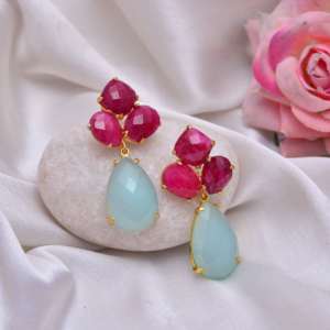 Elegantes pendientes colgantes de Plata de Ley 925, piedras preciosas de rubí teñidas con Calcedonia azul Natural chapadas en oro a la moda para bodas y fiestas - Product Image 3