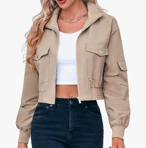 Chaquetas Bomber Cortas para Mujer, Ligeras, con Cierre, Cuello Alto, Manga Larga, Chaqueta Corta con Bolsillos - Product Image 1