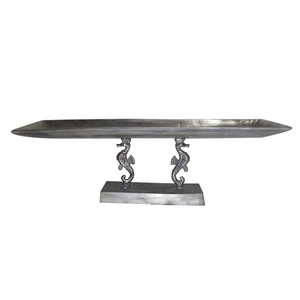 Bandeja de metal plateada costera en soporte de caballitos de mar Plato de servicio náutico adornado - Product Image 6
