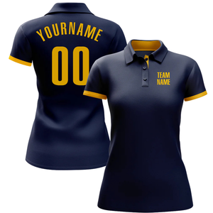 Polo personnalisé bleu marine avec accents jaunes, nom d'équipe et numéro de joueur personnalisés, élégant et confortable à porter - Product Image 1