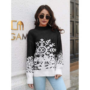 Maglione Casual da Donna con Motivo a Fiocchi di Neve, Collo Alto, Traspirante, in Maglia di Seta con Logo Frontale e Stampa Ricamata per l'Inverno - Product Image 5
